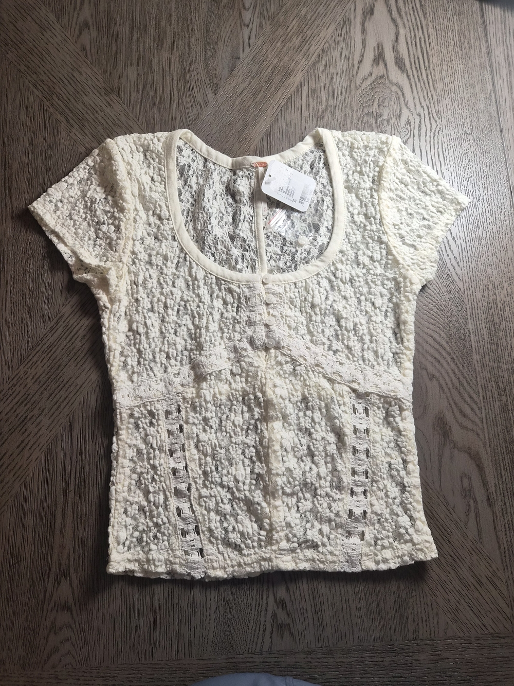 Free People Cream Lace Short Sleeve Scoop Neck Top